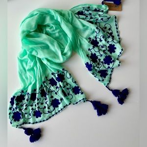 NWT MICHAEL STARS Floral Stitchings Boho Viscose Scarf Teal Blue Purple Tassels